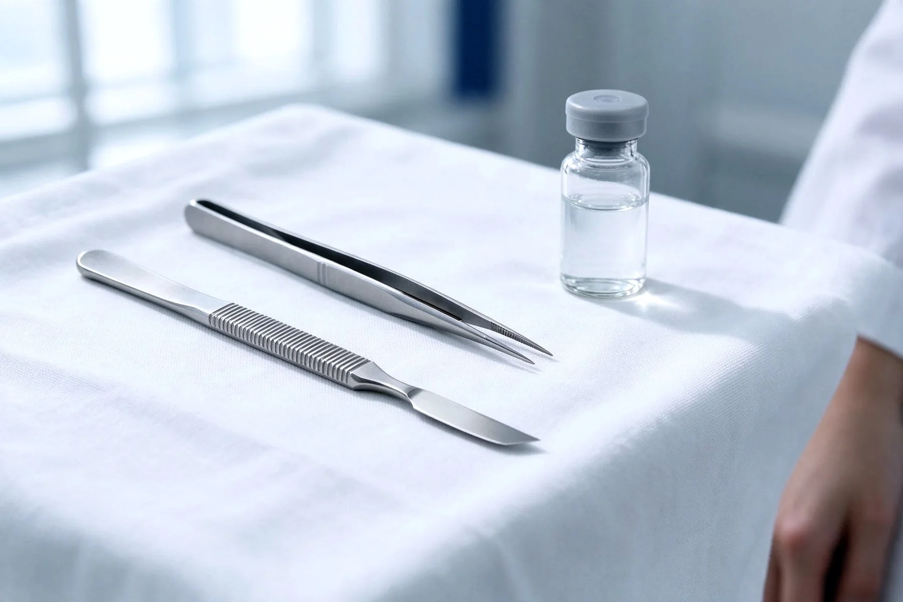 Medizinische Präzisionsinstrumente auf steriler Fläche in klarem Tageslicht